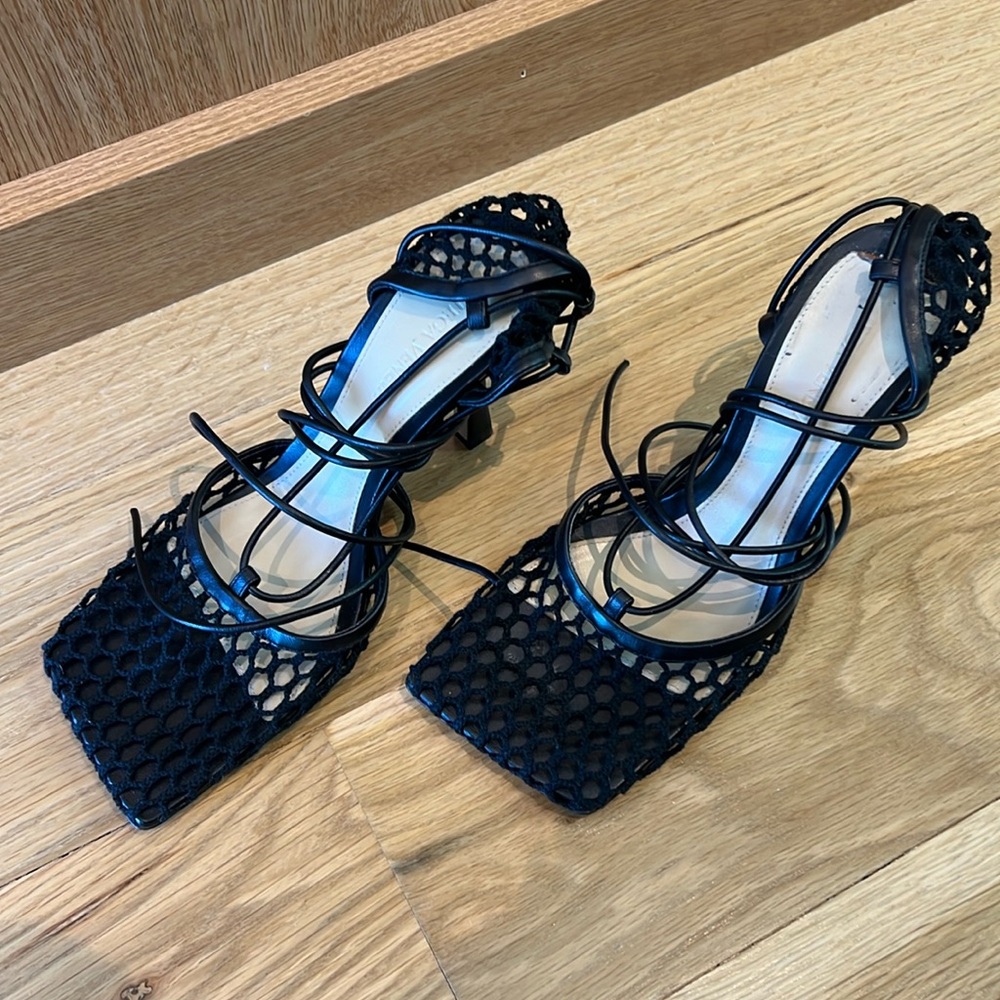 Worn once! Bottega Veneta mesh square toed heels with ankle strap